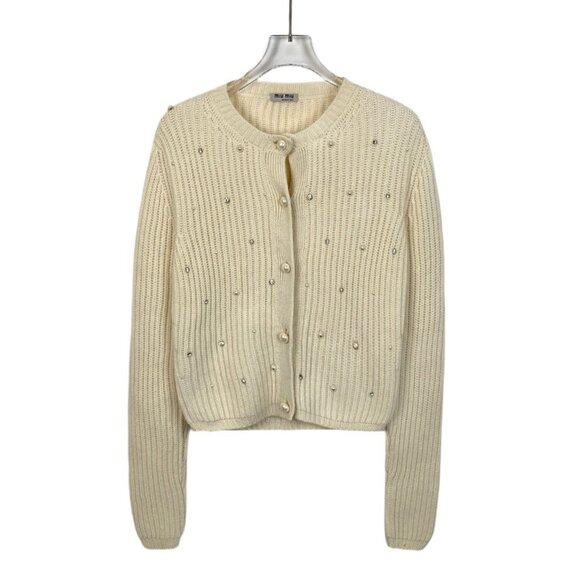 Miu Miu Womens Beige Pearl & Crystal Embellished Button-Up Cardigan Sweater Ribb - Picture 1 of 7